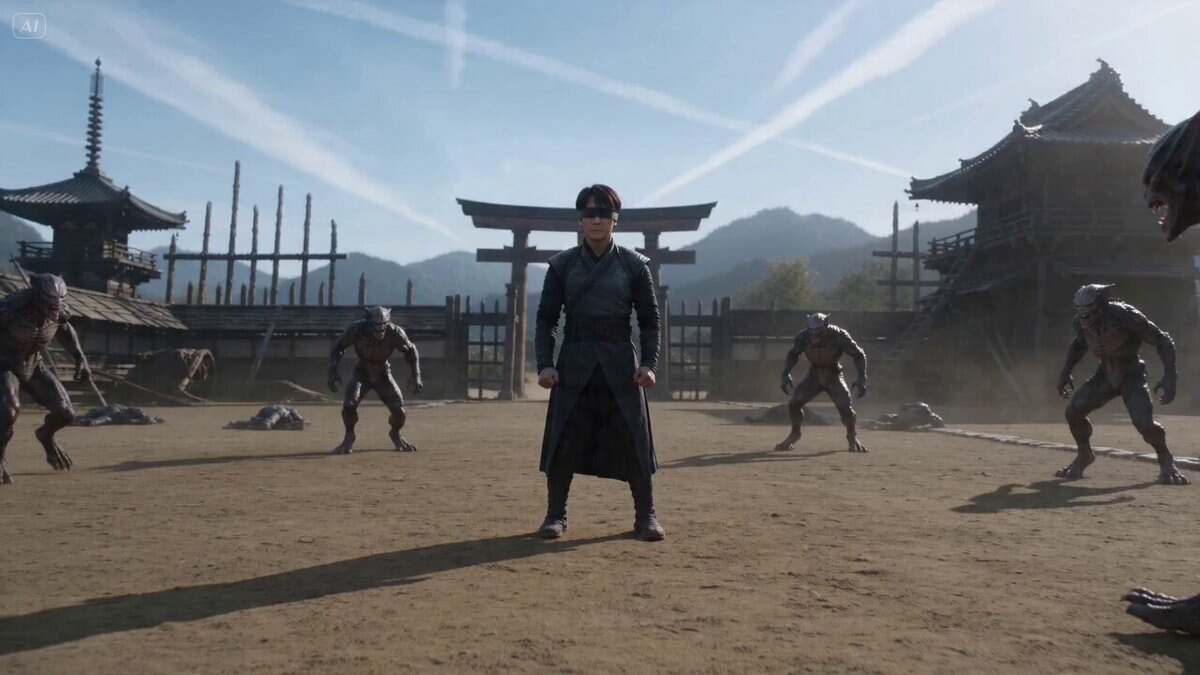 cinematic martial arts confrontation in broad daylight, a...