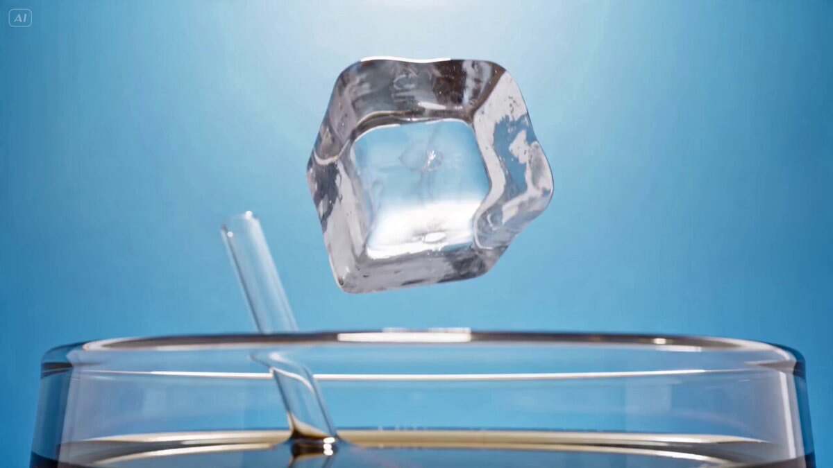 First-person POV of an ice cube dropped into a glass of s...