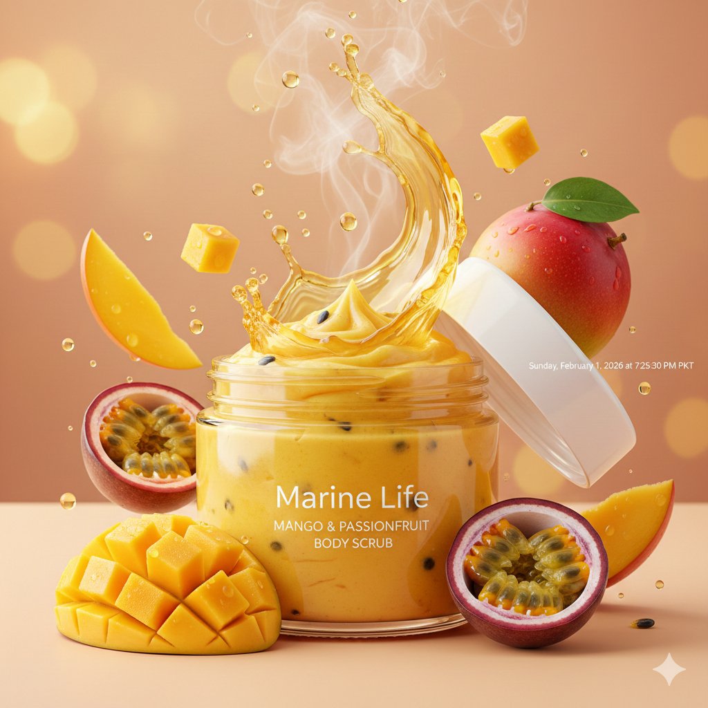 Luxurious tropical body scrub product photography, open j...