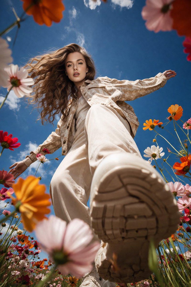 A cinematic ultra-wide low-angle shot of a stylish young ...